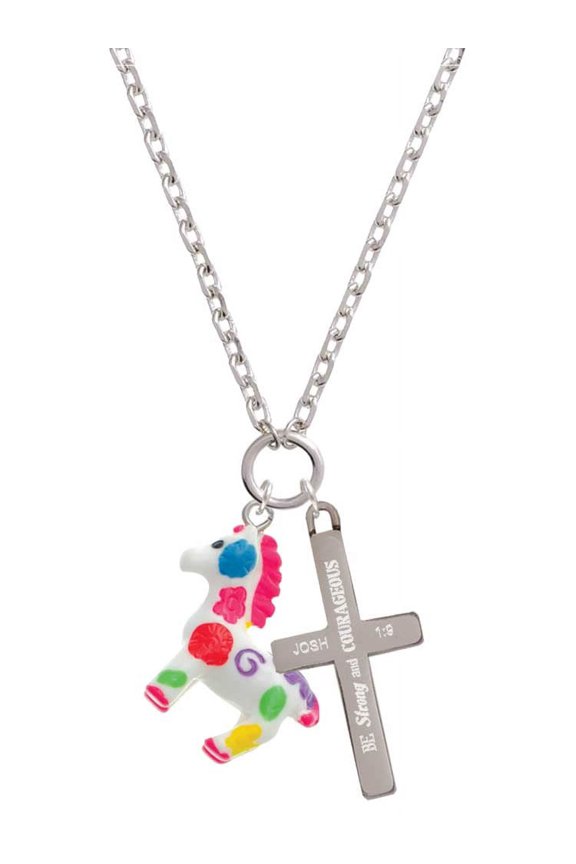 Resin Bright Paint Pony Be Strong and Courageous Engraved Cross Zoey Necklace, 28"