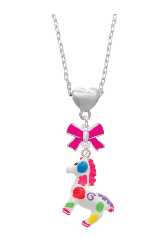 Resin Bright Paint Pony Hot Pink Bow Heart Necklace