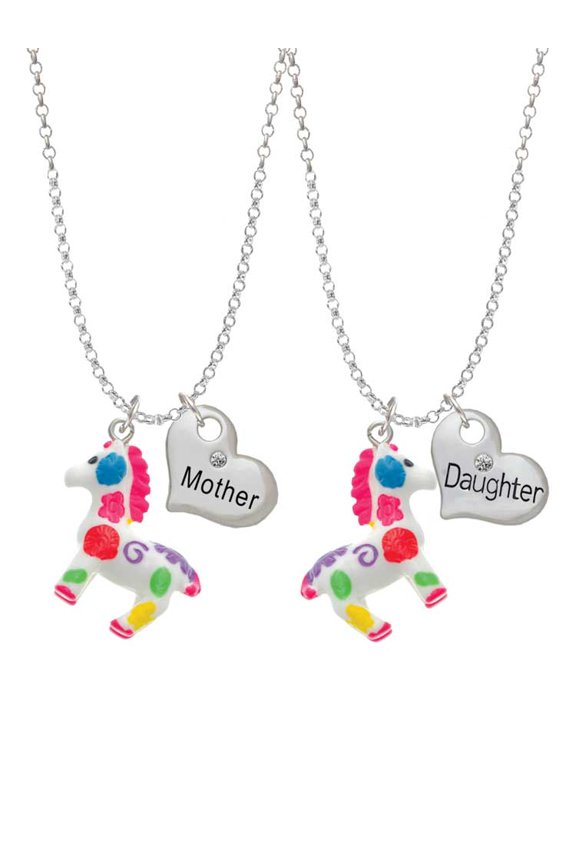 Resin Bright Paint Pony Mother & Daughter Heart Necklaces (Set of 2), 19"+2"