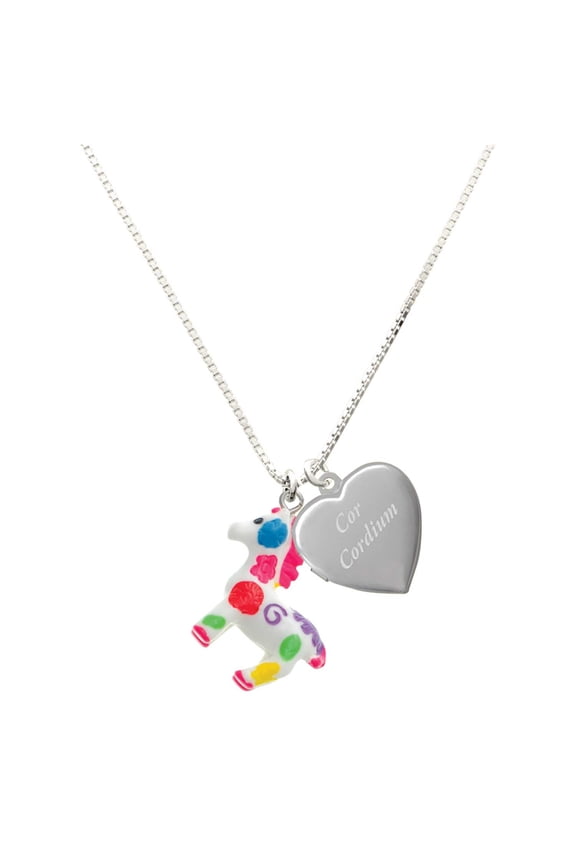 Resin Bright Paint Pony - Silver Plated Engraved Cor Cordium Heart Locket Necklace, 17.5"+2" Extender