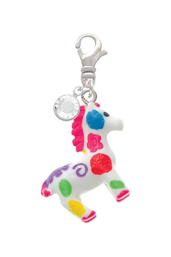 Resin Bright Paint Pony - Silvertone Clip on Charm with Clear Crystal Drop