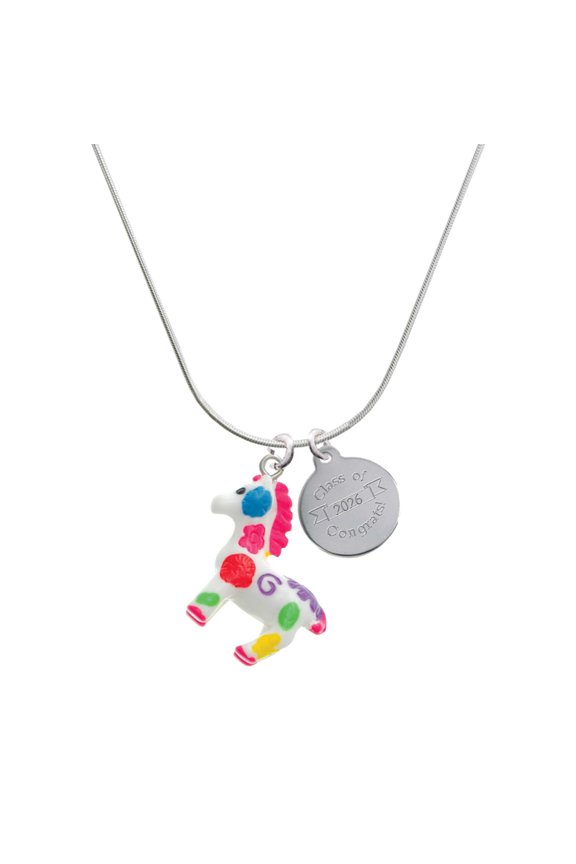 Resin Bright Paint Pony - Silvertone Engraved Congrats Class of 2026 Charm Necklace, 18"