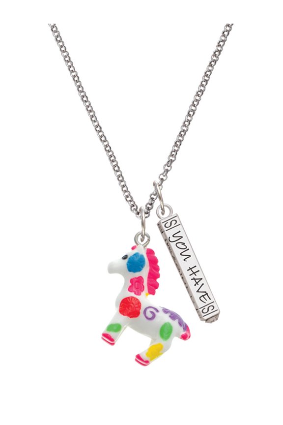 Resin Bright Paint Pony Silvertone Live the Life You Have Imagined Bar Charm Necklace, 23"