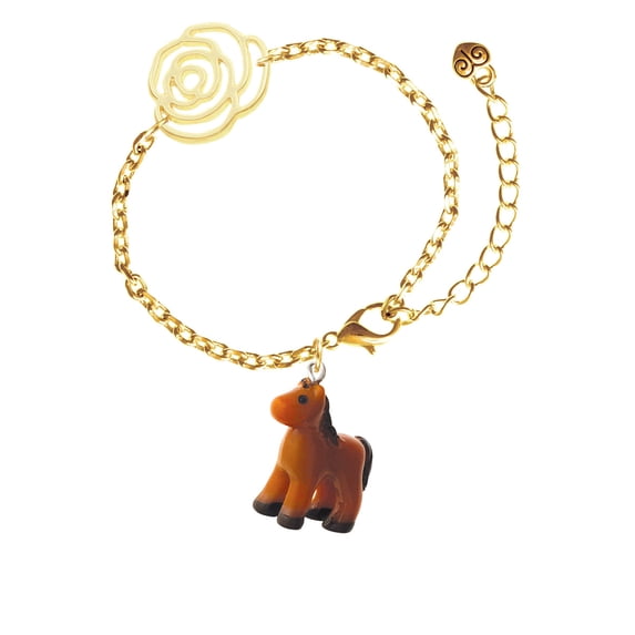 Delight Jewelry Resin Brown Pony Gold-tone Flower Link Chain Bracelet, 6.75"+2" Extender