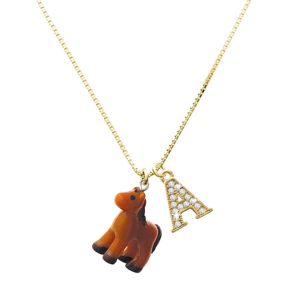 Delight Jewelry Resin Brown Pony - Large Goldtone Crystal Initial - A - Charm Necklace, 17.5"+2"
