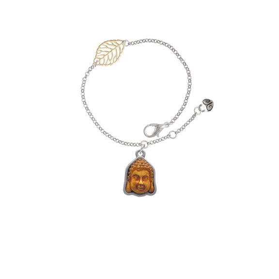 Delight Jewelry Resin Buddha Head in Frame - Goldtone Leaf Delicate Bracelet, 6.25+1.75"