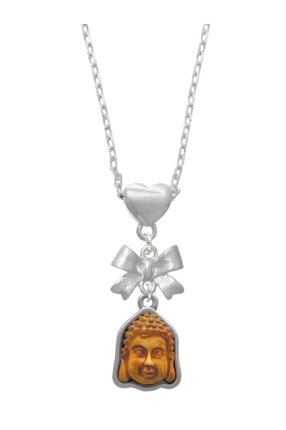 Resin Buddha Head in Frame Silver tone Bow Heart Necklace