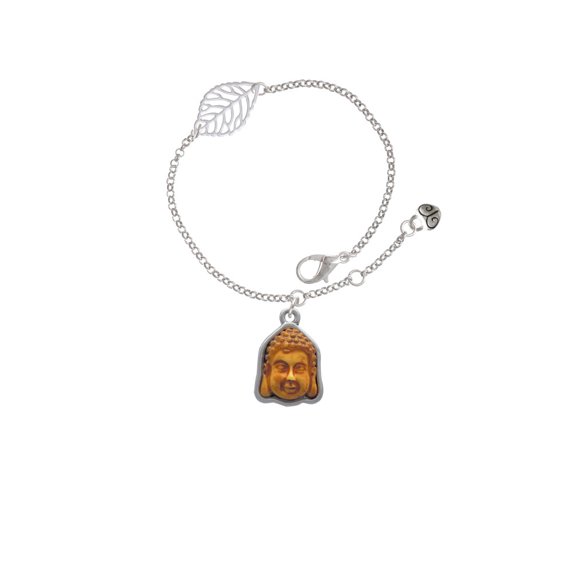 Delight Jewelry Resin Buddha Head in Frame - Silvertone Leaf Delicate Bracelet, 6.25+1.75"