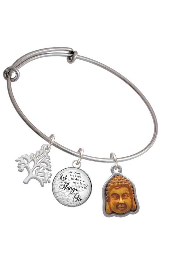 Resin Buddha Head in Frame Silvertone Let Things Go Tree Charm Bangle Bracelet