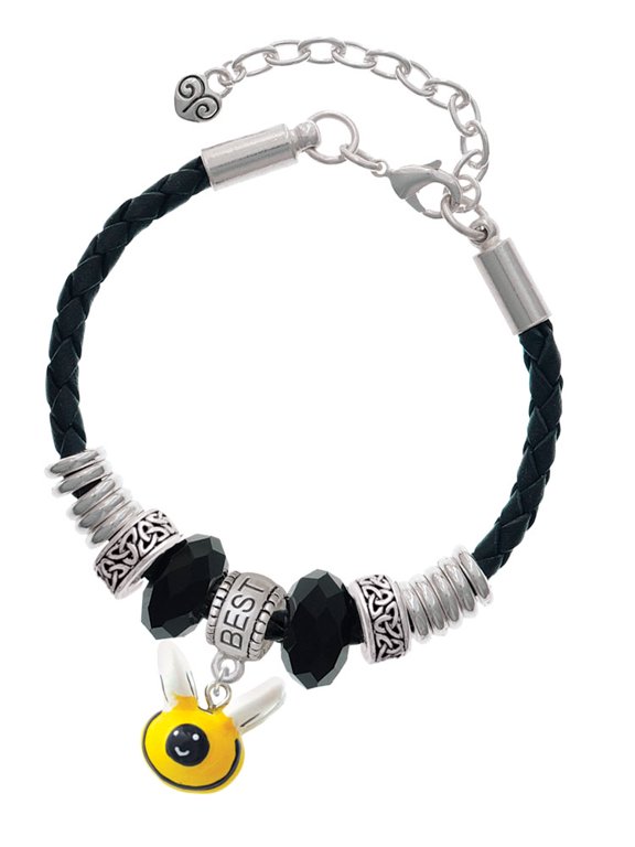 Resin Bumble Bee Best Friend Celtic Knot Leather Bead Bracelet, 7"+2" Extender