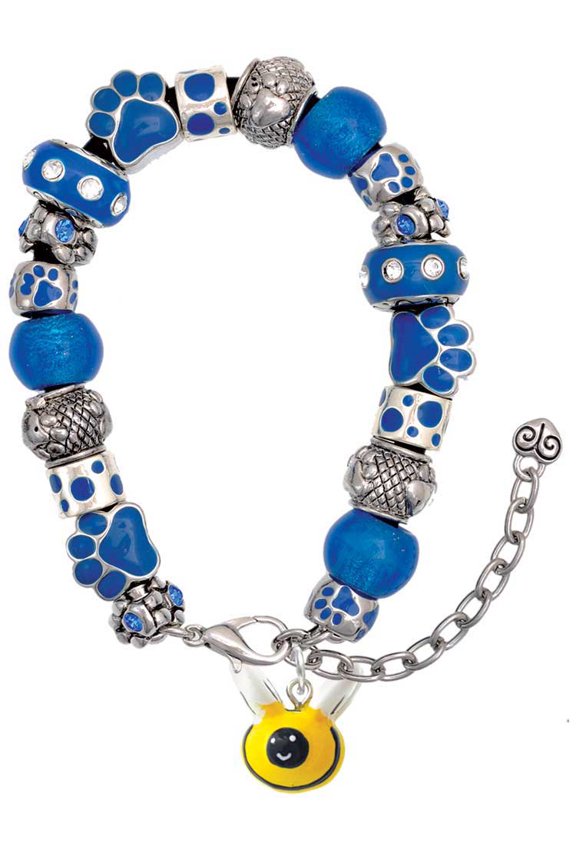 Resin Bumble Bee Blue Paw Print Bead Bracelet, 7"+2"