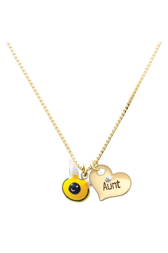 Resin Bumble Bee - Large Goldtone Aunt Heart Charm Necklace, 17.5"+2" Extender