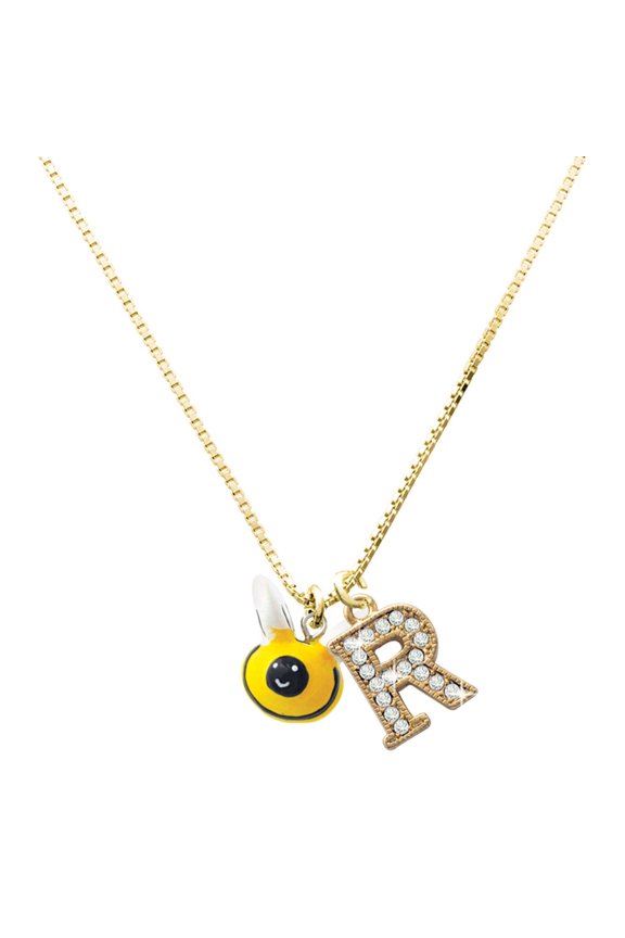 Resin Bumble Bee - Large Goldtone Crystal Initial - R - Charm Necklace, 17.5"+2"