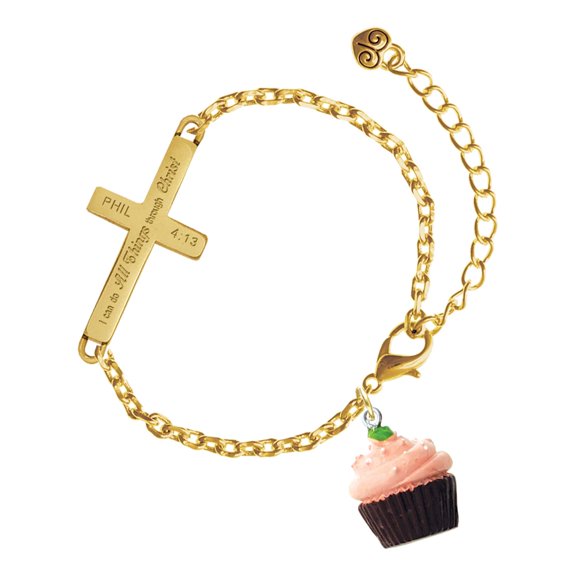 Delight Jewelry Resin Chocolate Cupcake with Pink Frosting - Gold Tone Philipians 4:13 I Do All Things Through Christ Engraved Cross Charm Bracelet, 6.5+1.5" Extender