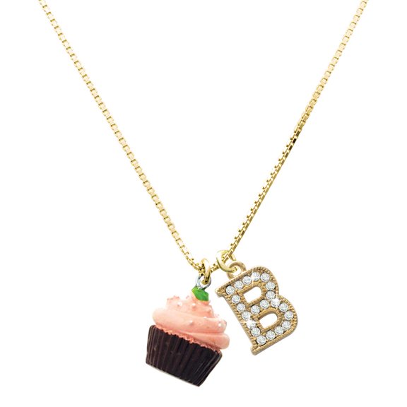 Delight Jewelry Resin Chocolate Cupcake with Pink Frosting - Large Goldtone Crystal Initial - B - Charm Necklace, 17.5"+2"