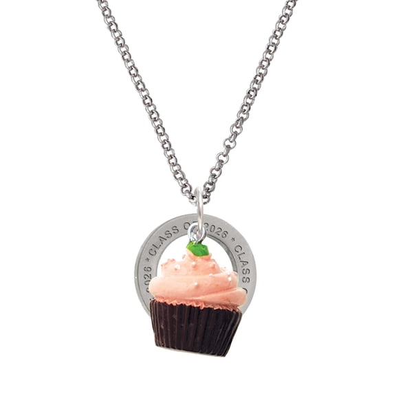 Delight Jewelry Resin Chocolate Cupcake with Pink Frosting - Silvertone Class of 2026 Affirmation Ring Necklace, 23"