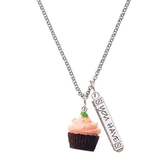 Delight Jewelry Resin Chocolate Cupcake with Pink Frosting Silvertone Live the Life You Have Imagined Bar Charm Necklace, 23"