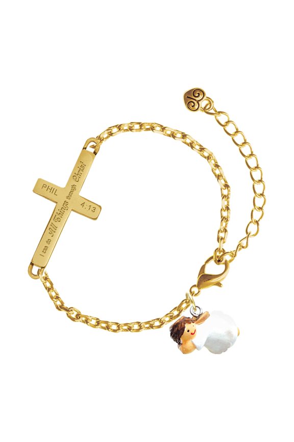 Resin Flying Angel - Gold Tone Philipians 4:13 I Do All Things Through Christ Engraved Cross Charm Bracelet, 6.5+1.5" Extender
