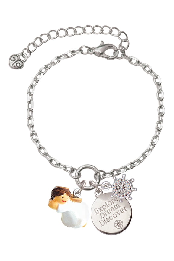 Resin Flying Angel Silvertone Discover Dream Explore Zoey Charm Bracelet, 6.5+2" Extender