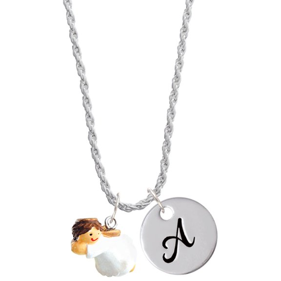 Delight Jewelry Resin Flying Angel Silvertone Script Initial Disc - A - Charm Necklace, 20"+3"