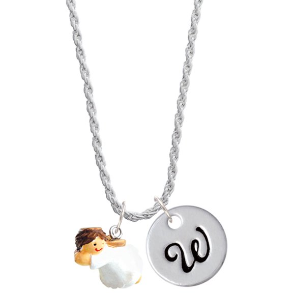 Delight Jewelry Resin Flying Angel Silvertone Script Initial Disc - W - Charm Necklace, 20"+3"