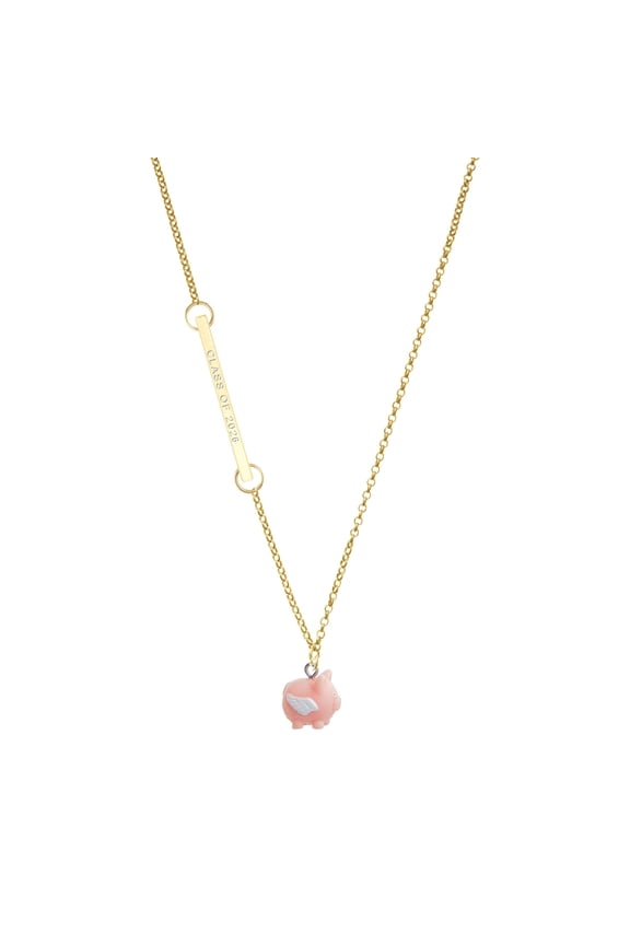 Resin Flying Pink Pig - Gold-tone Class of 2026 Delicate Bar Necklace, 18.75"