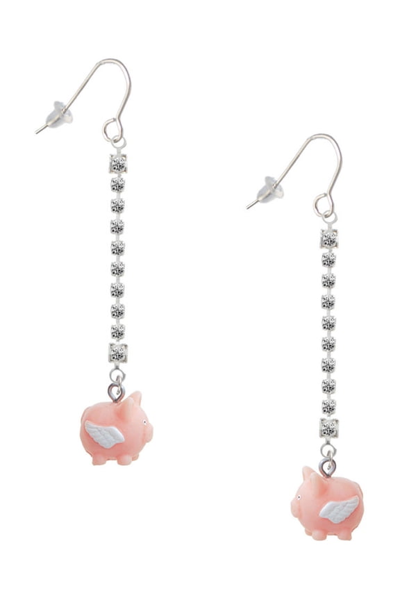 Resin Flying Pink Pig - Silver-tone Long Sparkle Dangle French Earrings