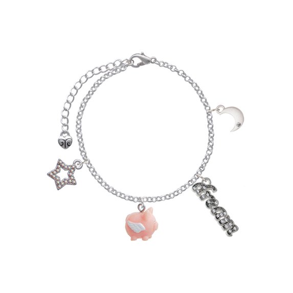 Delight Jewelry Resin Flying Pink Pig Silvertone Dream Big Charm Bracelet, 7.5+2" Extender