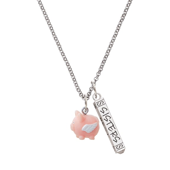 Delight Jewelry Resin Flying Pink Pig Silvertone Sisters Best Friends Forever Bar Charm Necklace, 23"