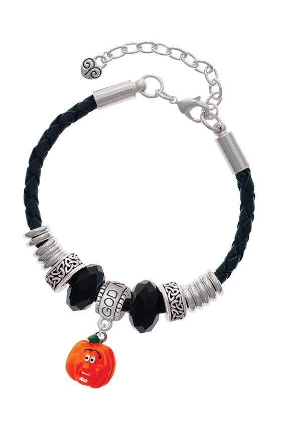 Resin Funny Ahh! Pumpkin Godmother Celtic Knot Leather Bead Bracelet, 7"+2" Extender