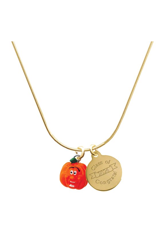 Resin Funny Ahh! Pumpkin - Goldtone Engraved Congrats Class of 2026 Charm Necklace, 18"