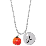 Delight Jewelry Resin Funny Ahh! Pumpkin Silvertone Script Initial Disc - A - Charm Necklace, 20+3