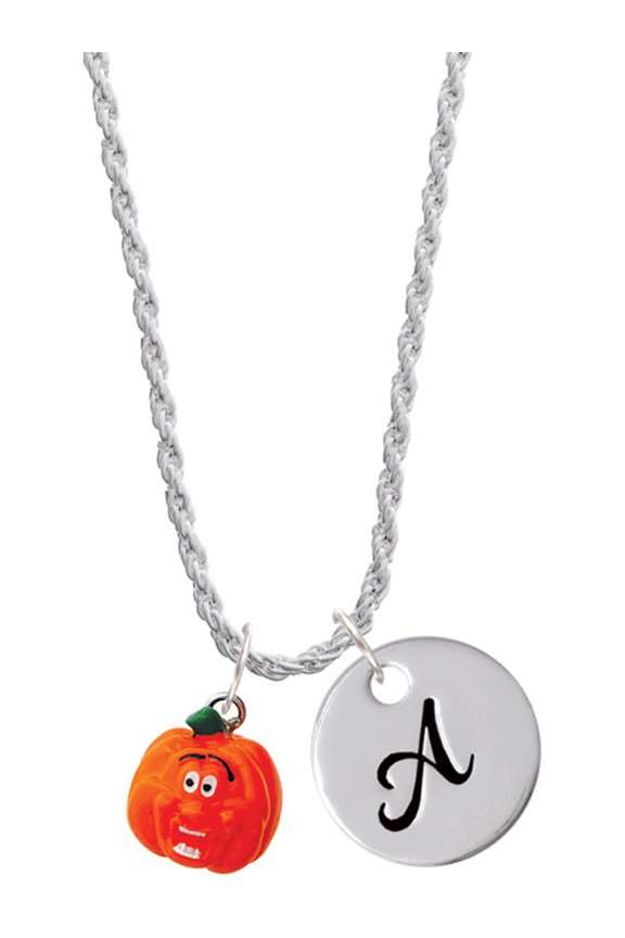 Resin Funny Ahh! Pumpkin Silvertone Script Initial Disc - A - Charm Necklace, 20"+3"