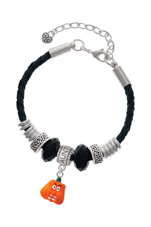 Resin Funny Boo! Pumpkin Aunt Celtic Knot Leather Bead Bracelet, 7"+2" Extender