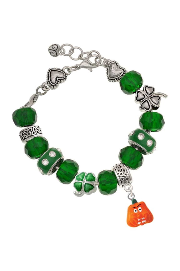 Resin Funny Boo! Pumpkin - Green Irish Luck Bead Charm Bracelet, 7.5"
