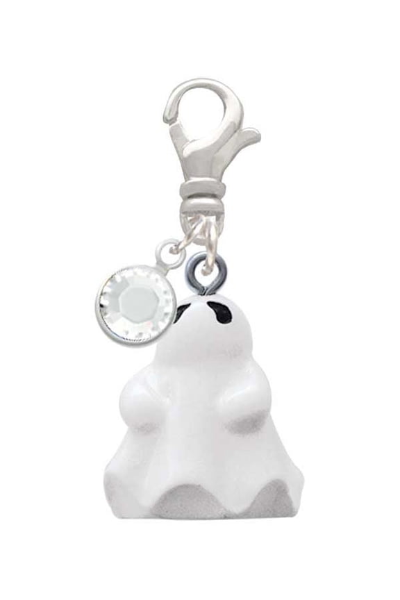 Resin Ghost - Silvertone Clip on Charm with Clear Crystal Drop