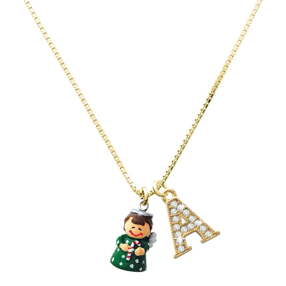 Delight Jewelry Resin Green Angel Holding Candy Cane - Large Goldtone Crystal Initial - A - Charm Necklace, 17.5"+2"