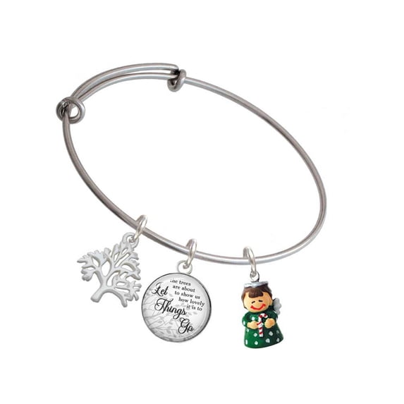 Delight Jewelry Resin Green Angel Holding Candy Cane Silvertone Let Things Go Tree Charm Bangle Bracelet