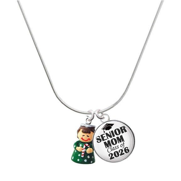 Delight Jewelry Resin Green Angel Holding Candy Cane - Silvertone Senior Mom Class of 2026 Dome Necklace, 18"