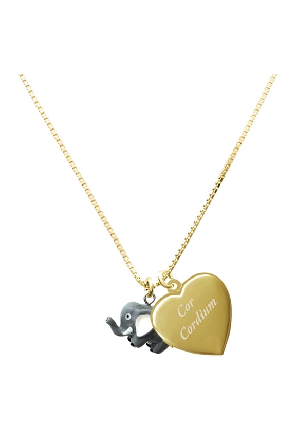 Resin Grey Elephant - Goldtone Engraved Cor Cordium Heart Locket Necklace, 17.5"+2" Extender