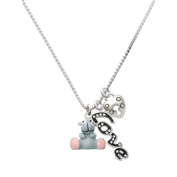 Delight Jewelry Resin Grey Hippopotamus Honey - Love and Lock Charm Necklace, 18"+1"