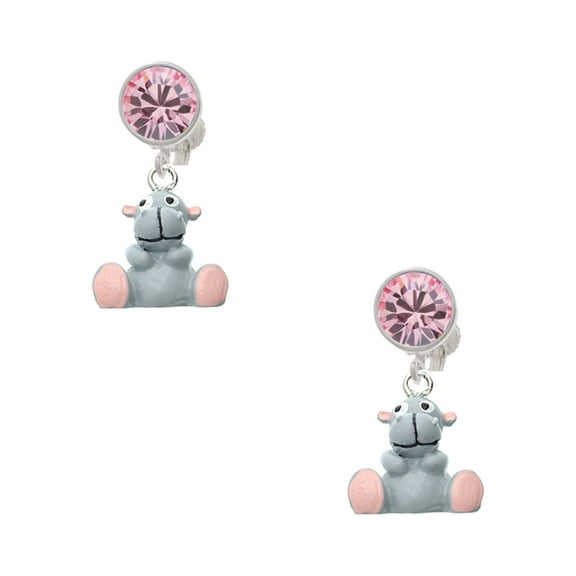 Delight Jewelry Resin Grey Hippopotamus Honey Pink Crystal Clip on Earrings