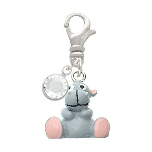 Delight Jewelry Resin Grey Hippopotamus Honey - Silvertone Clip on Charm with Clear Crystal Drop