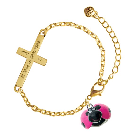 Delight Jewelry Resin Hot Pink & Black Ladybug Sweetie - Gold Tone Joshua 1:9 Strong and Courageous Engraved Cross Charm Bracelet, 6.5+1.5" Extender