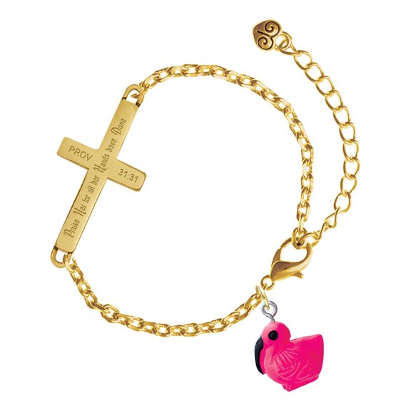Delight Jewelry Resin Hot Pink Flamingo - Gold Tone Proverbs 31:31 Praise Her for all Her Hands have Done Engraved Cross Charm Bracelet, 6.5+1.5" Extender