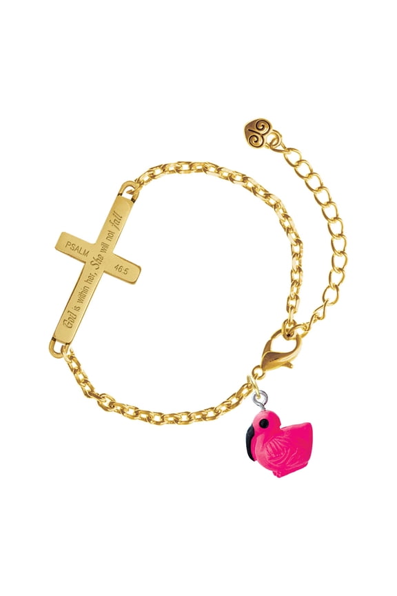 Resin Hot Pink Flamingo - Gold Tone Psalm 46:5 She will not fall Engraved Cross Charm Bracelet, 6.5+1.5" Extender