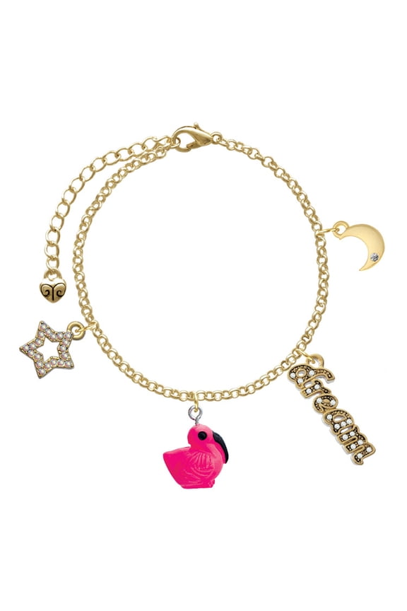 Resin Hot Pink Flamingo Goldtone Dream Big Charm Bracelet, 7.5+2" Extender