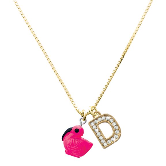 Delight Jewelry Resin Hot Pink Flamingo with a Large Goldtone Crystal Initial - D - Charm Necklace, 17.5"+2"