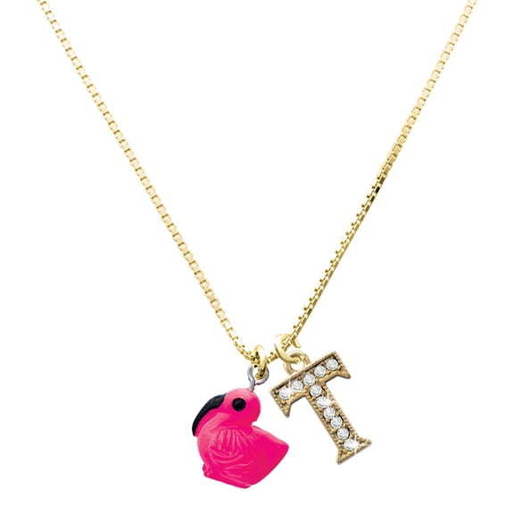 Delight Jewelry Resin Hot Pink Flamingo - Large Goldtone Crystal Initial - T - Charm Necklace, 17.5"+2"