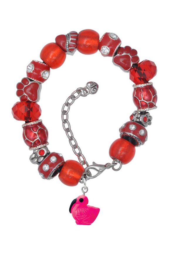Resin Hot Pink Flamingo Red Paw Print Bead Bracelet, 7"+2"
